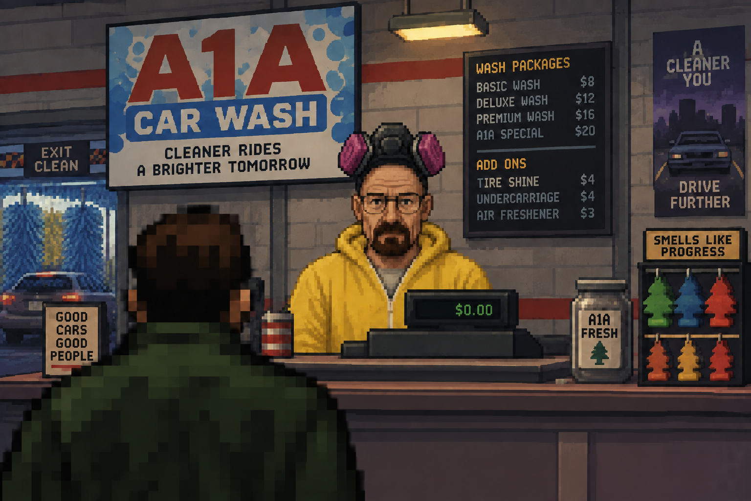 The A1A Car Wash register: a bald man in glasses and a green apron at the till, air fresheners on the rack.
