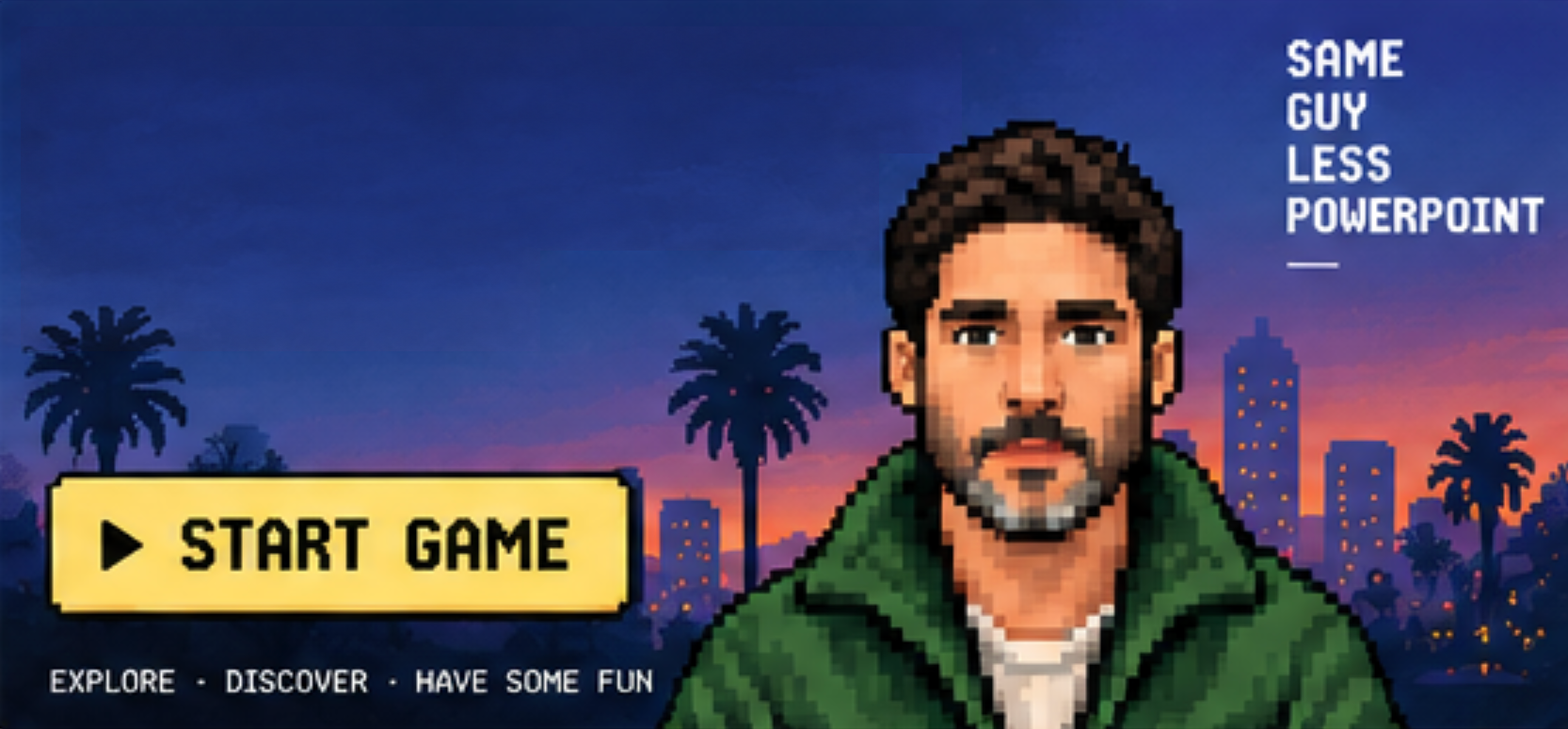 Colin’s pixel avatar against a twilight city. Same guy, less PowerPoint.